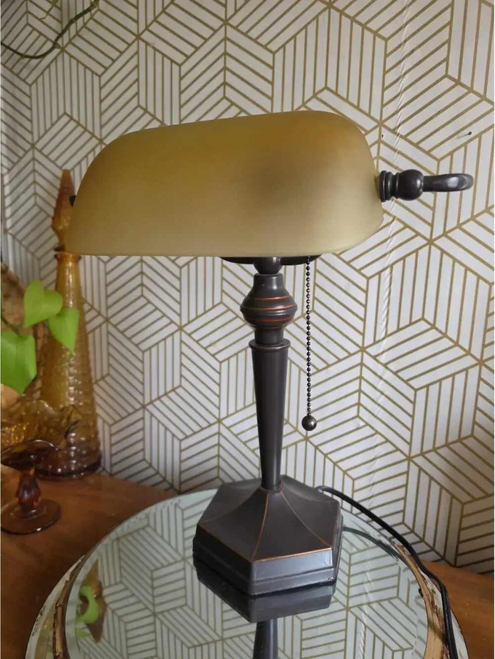 Traditional Bankers Lamp Bronze Hexagonal Base Amber Glass Shade